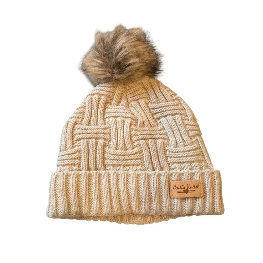 Britts Knits Oatmeal Plush Lined Pom Beanie Hat Women's One-Size